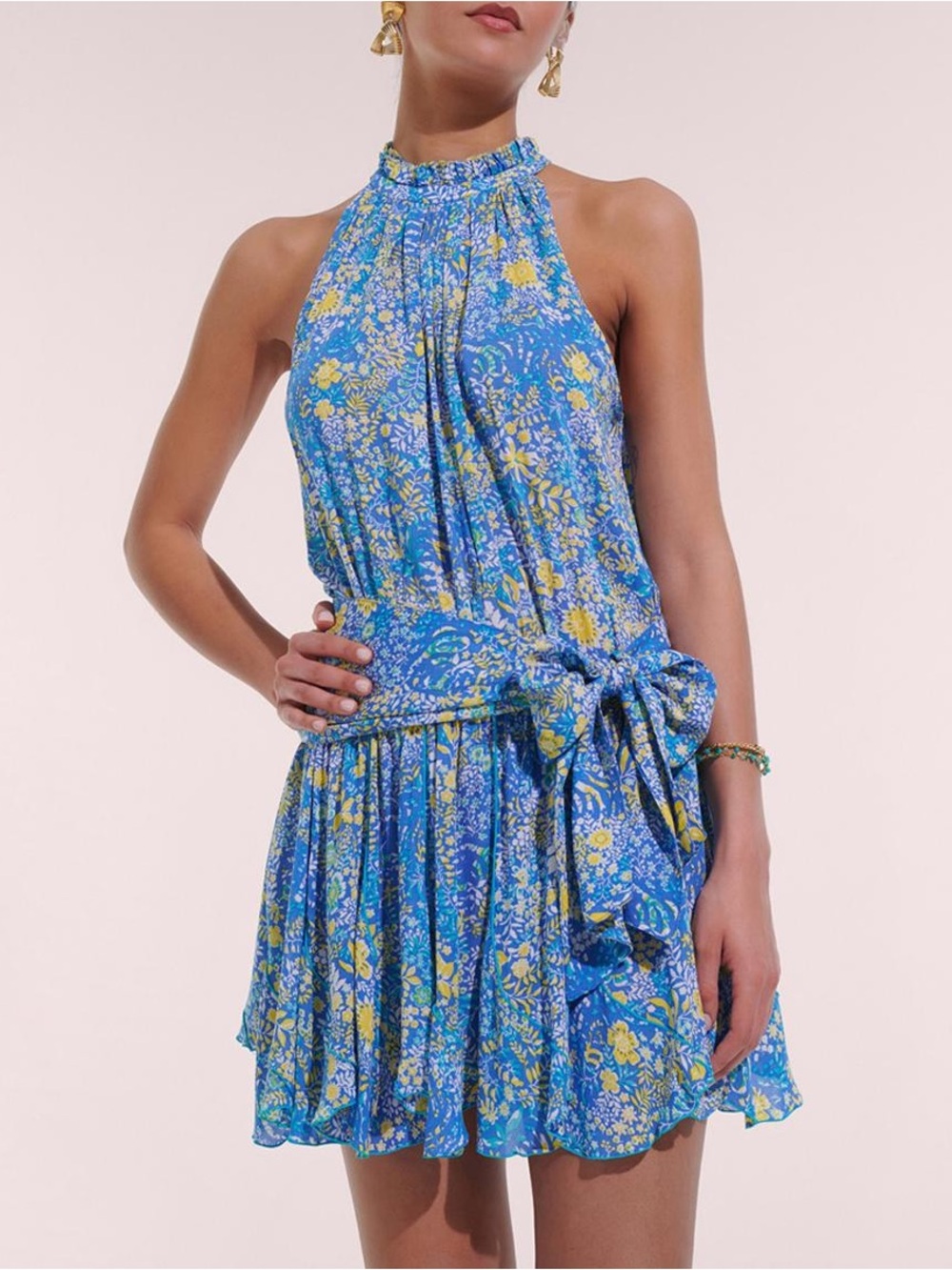 Poupette St Barth Blue Floral Halter Mini Dress Resortwear Boho Vacation L
